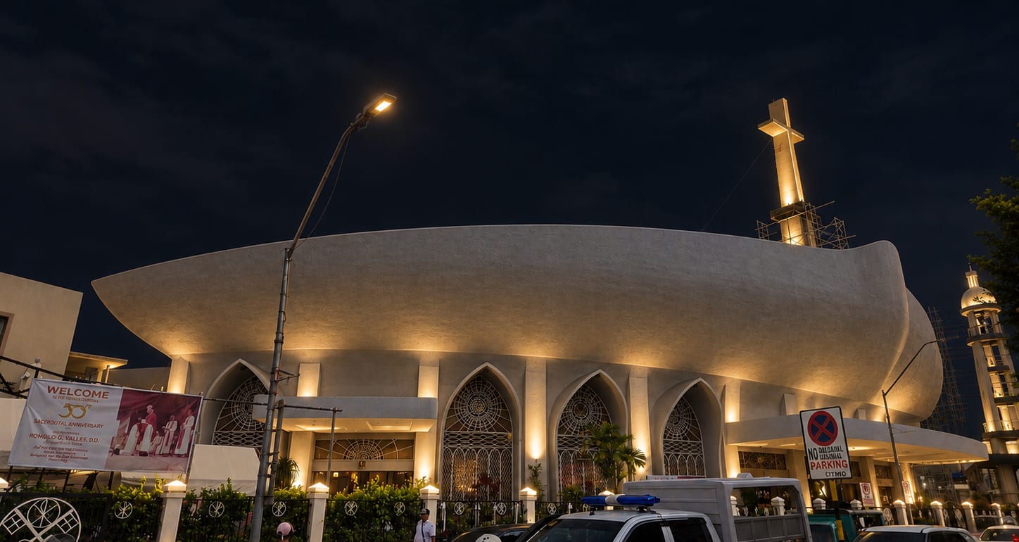 San Pedro Cathedral at night, its vinta-shaped roof and cross lit up